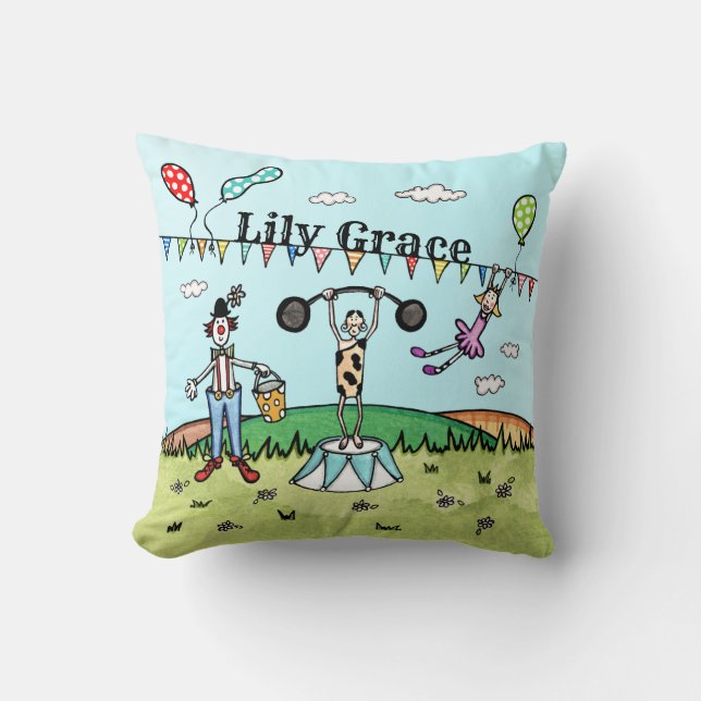 Personalized Circus Acrobat, Clown and Strongman Throw Pillow (Front)