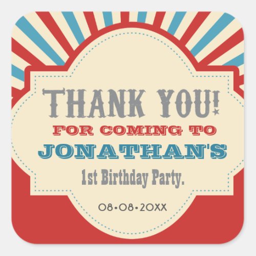 Personalized Circus carnival 1st birthday party Square Sticker
