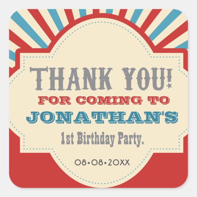 Personalized Circus carnival 1st birthday party Square Sticker (Front)