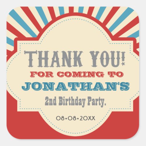 Personalized Circus carnival 2nd birthday party Square Sticker