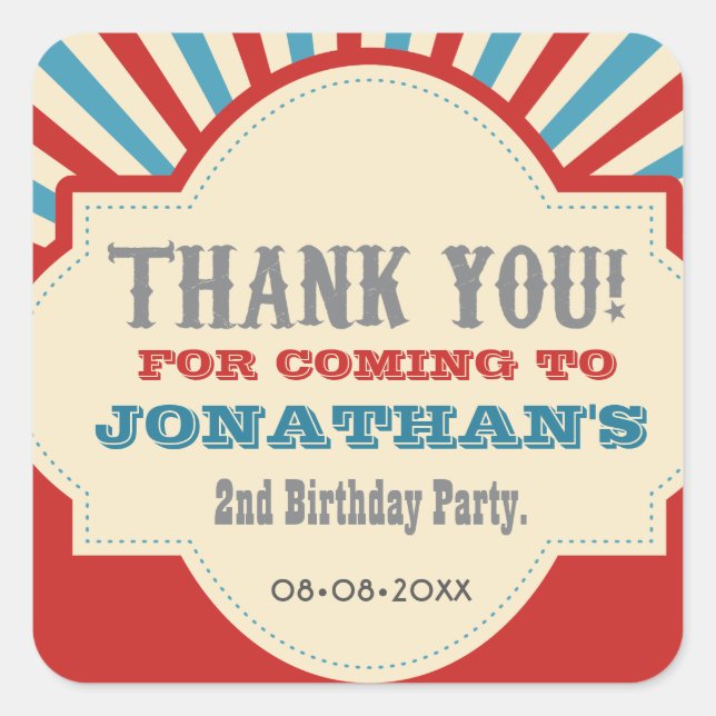 Personalized Circus carnival 2nd birthday party Square Sticker (Front)