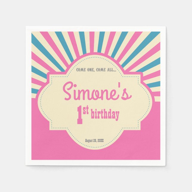 Personalized, Circus themed, first birthday, pink Napkins (Front)