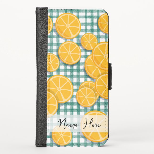 Personalized Citrus fruit on Green Gingham Phone  iPhone Wallet Case (Front)