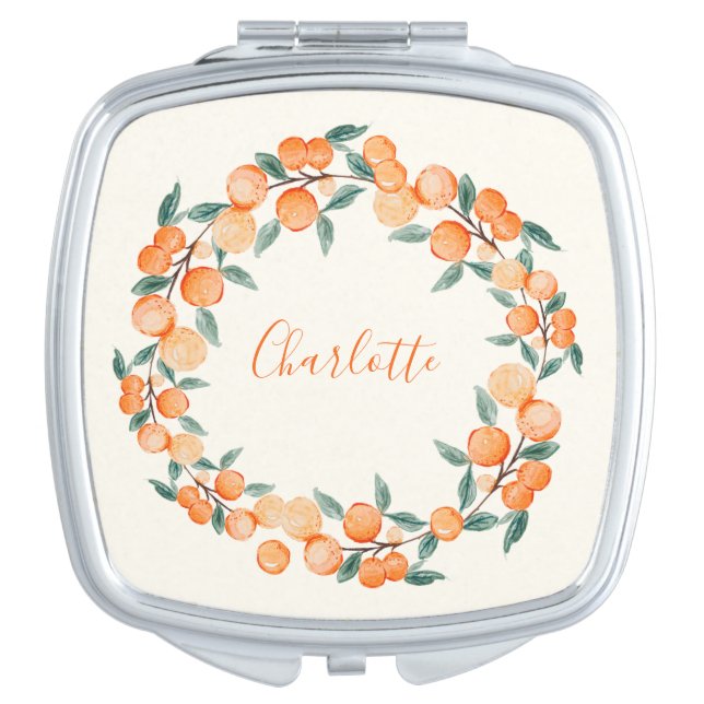 Personalized Citrus Orange Bridal Party Favor Compact Mirror (Front)