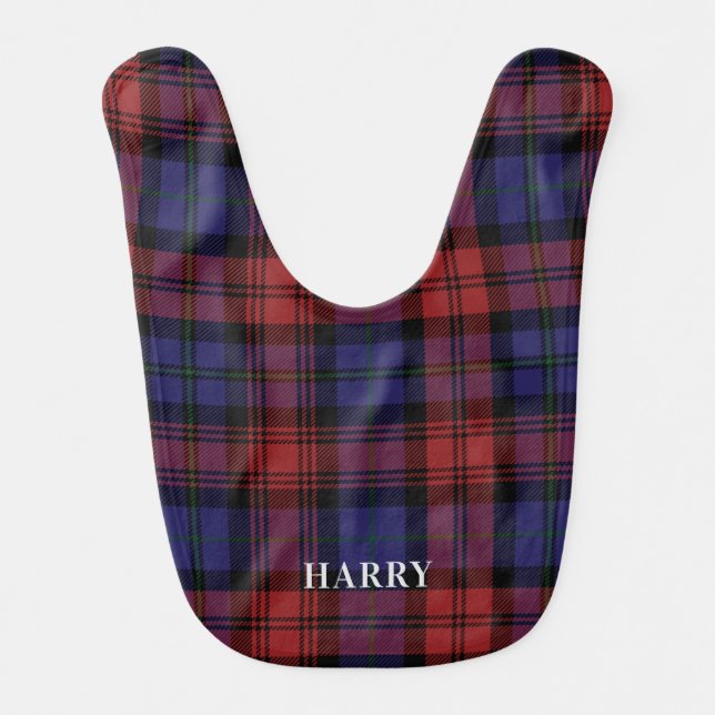 Personalized Clan MacLachlan Plaid Purple Check Baby Bib (Front)