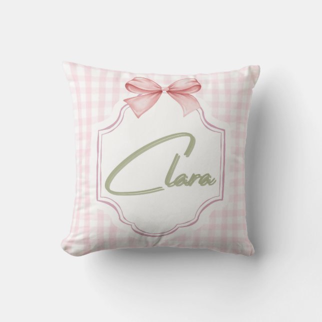 Personalized Clara Baby Girl Nursery Bow&Gingham Throw Pillow (Front)