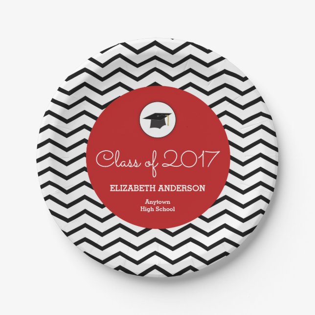 Personalized Class of 2017 Chevron Red Grad Paper Plates (Front)