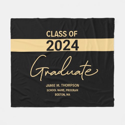 Personalized Class of 2024 Black Gold Graduation Fleece Blanket