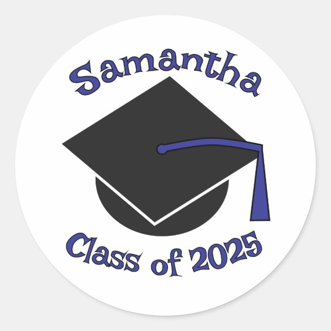 Personalized Class of 2025 Graduation Hat Blue Classic Round Sticker (Front)