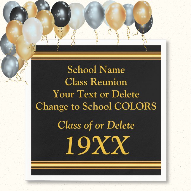 Personalized Class Reunion Napkins in YOUR COLORS (Class Reunion Napkins, Black and Gold Serviettes. Graduation Napkins. Class Reunion Party Supplies.)