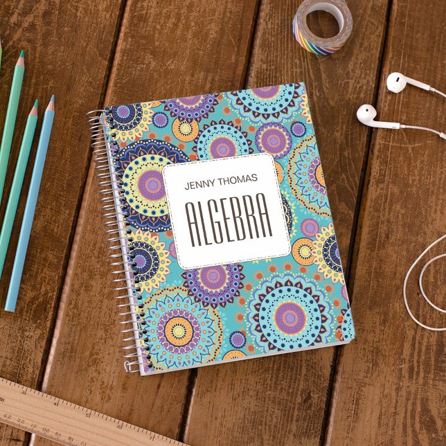 Personalized Class Subject Mandala School  Notebook (Personalized mandala class subject notebook with colorful boho geometric pattern design.)