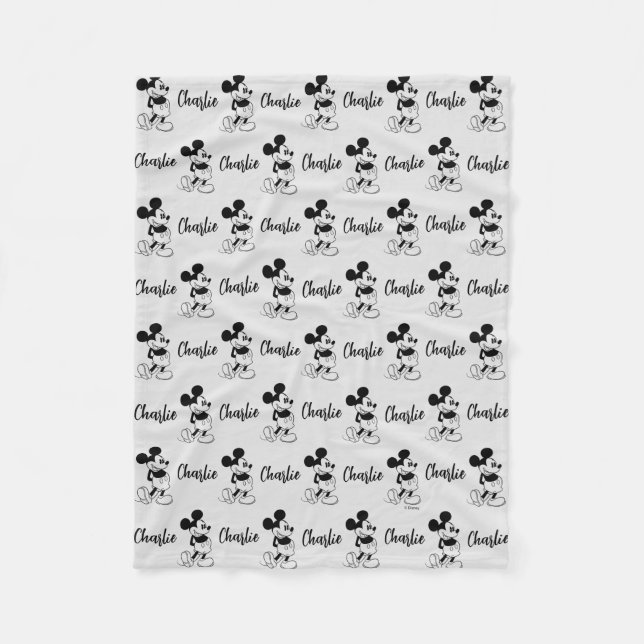 Personalized Classic B&W Mickey Mouse Pattern Fleece Blanket (Front)