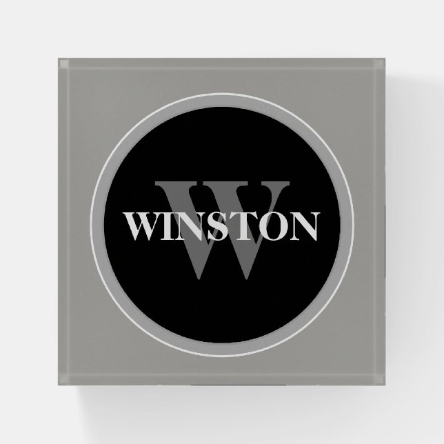 Personalized Classic Black and Grey Monogram Name Paperweight (Front)