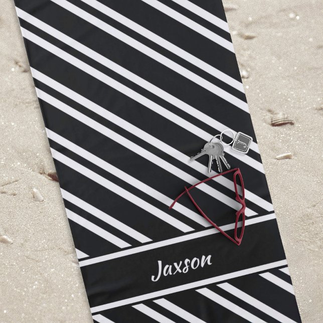 Personalized Classic Black and White Stripes Beach Towel (Personalized Black & White Striped Beach Towel)