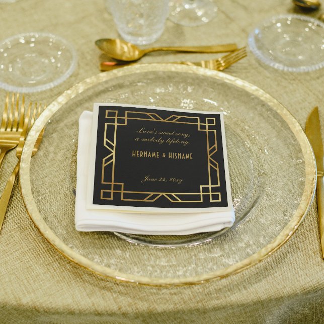 Personalized Classic Black Gold Frame Quote Napkins (Creator Uploaded)