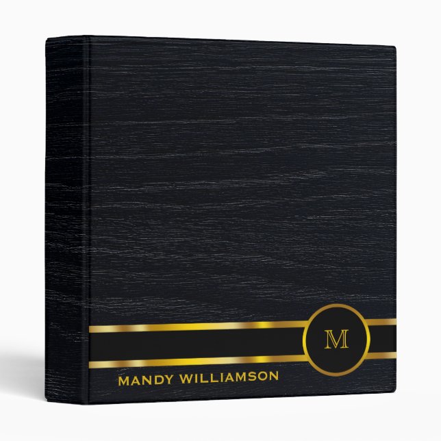 Personalized Classic Black & Gold Monogram Design 3 Ring Binder (Front/Spine)