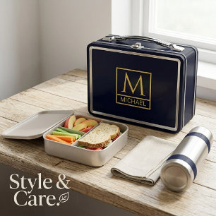 Personalized Classic Black with Initials & Name Metal Lunch Box