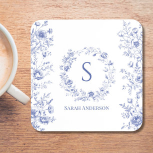 Personalized Classic Blue Flowers Floral Pattern Beverage Coaster