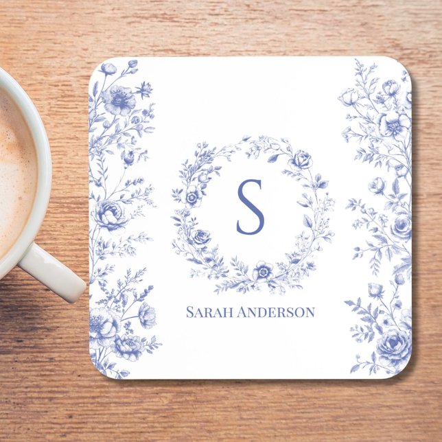 Personalized Classic Blue Flowers Floral Pattern Beverage Coaster (In situ)