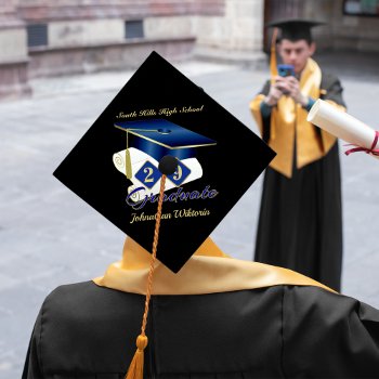 Personalized Classic Blue & Gold 20xx Graduate Graduation Cap Topper by CelestialTidings at Zazzle