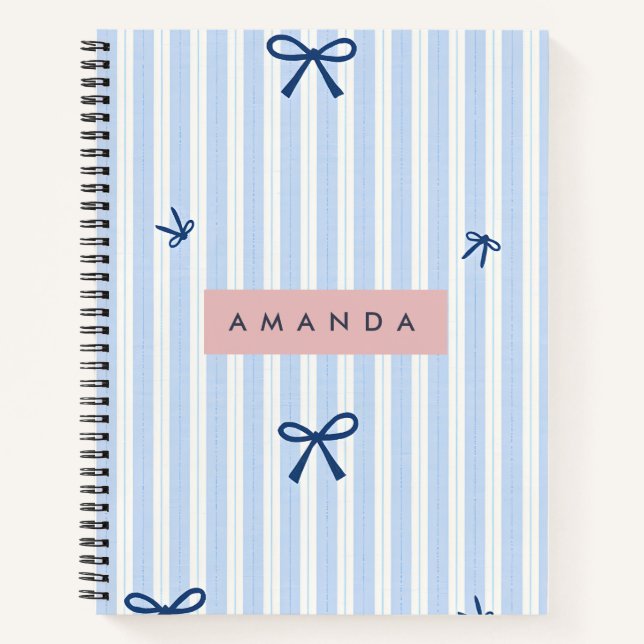 Personalized Classic Blue Pastel Striped Bow Notebook (Front)