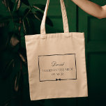 Personalized Classic Bowtie Father of the Bride Tote Bag<br><div class="desc">Honor the father of the bride with this timeless, customizable tote bag. Featuring an elegant black-and-white design, it showcases his name, title, and wedding date, all framed by a sophisticated border and a classic bow illustration. Perfect for holding day-of essentials, this tote is both practical and stylish, effortlessly complementing any...</div>