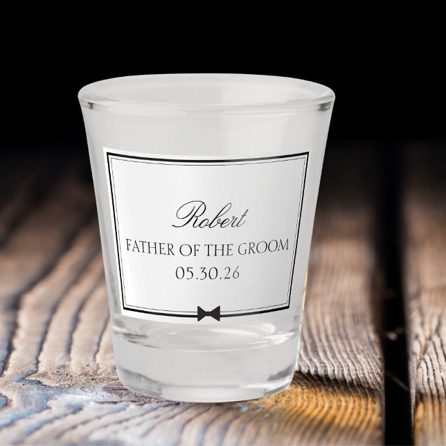 Personalized Classic Bowtie Father of the Groom Shot Glass (Custom father of the groom shot glass – add names & dates for the perfect, fun wedding party gift.)