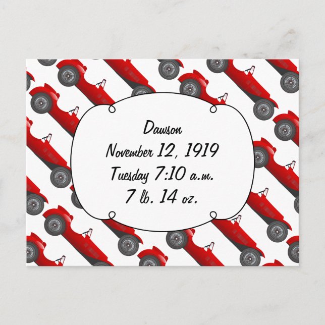 Personalized Classic Car Baby Boy Stats Postcard (Front)