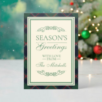 Personalized Classic Dark Blue Red Green Plaid Letterpress Photo Cards