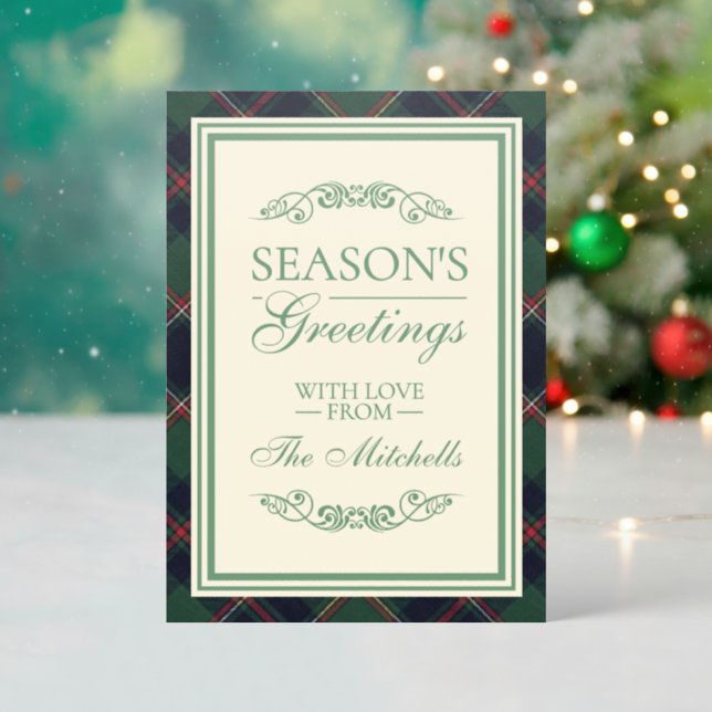 Personalized Classic Dark Blue Red Green Plaid Letterpress Photo Cards (Front (Into))