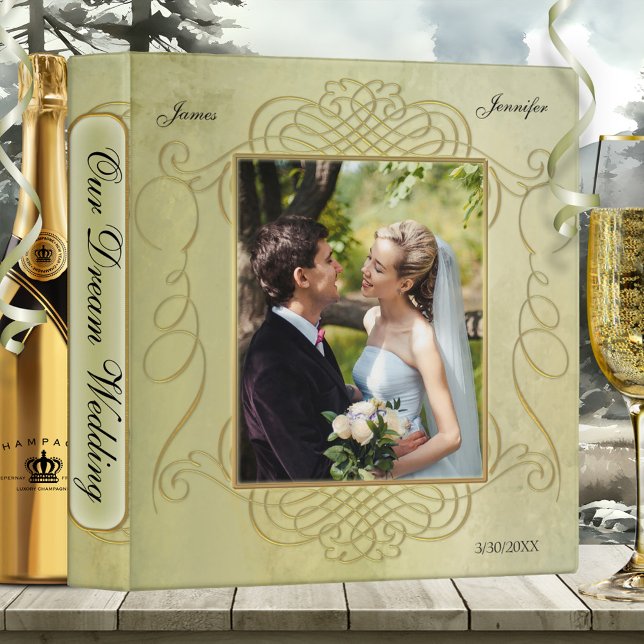 Personalized Classic Dream Wedding Photo Binder (Classic artistic green and gold painted design wedding binder with your own photos - wedding)