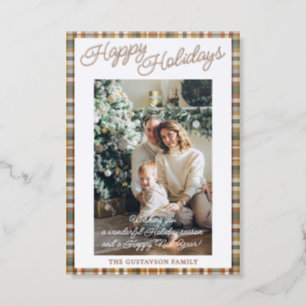 Personalized Classic Family Photo On Plaid Holiday Letterpress Photo Cards