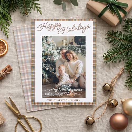 Personalized Classic Family Photo On Plaid Holiday Letterpress Photo Cards
