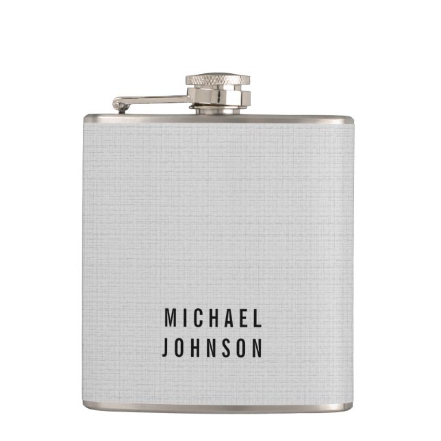 Personalized Classic Faux Linen Silver Grey Hip Flask (Front)
