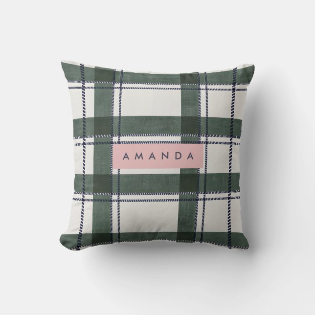 Personalized Classic Forest Green and Navy Plaid  Throw Pillow (Front)