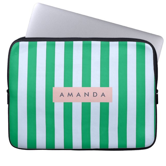 Personalized Classic Green and White Striped Laptop Sleeve (Front)