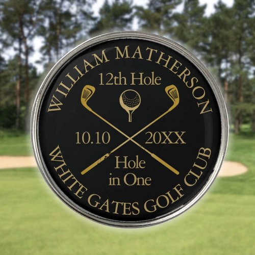 Personalized Classic Hole in One Black And Gold Golf Ball Marker