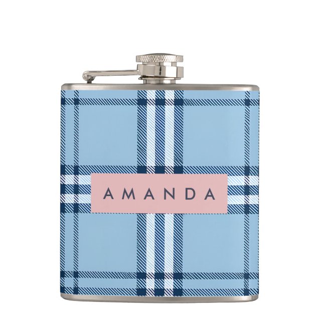 Personalized Classic Light Blue & Navy Plaid  Flask (Front)