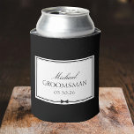 Personalized Classic Masculine Bowtie Groomsman Can Cooler<br><div class="desc">This sleek, custom can cooler will keep your groomsman’s drink chilled in style. Featuring a sophisticated black-and-white design, it can be personalized with a name, role, and wedding date for a unique, memorable gift. The refined aesthetic effortlessly complements any wedding theme, whether modern or traditional. This cooler can add a...</div>