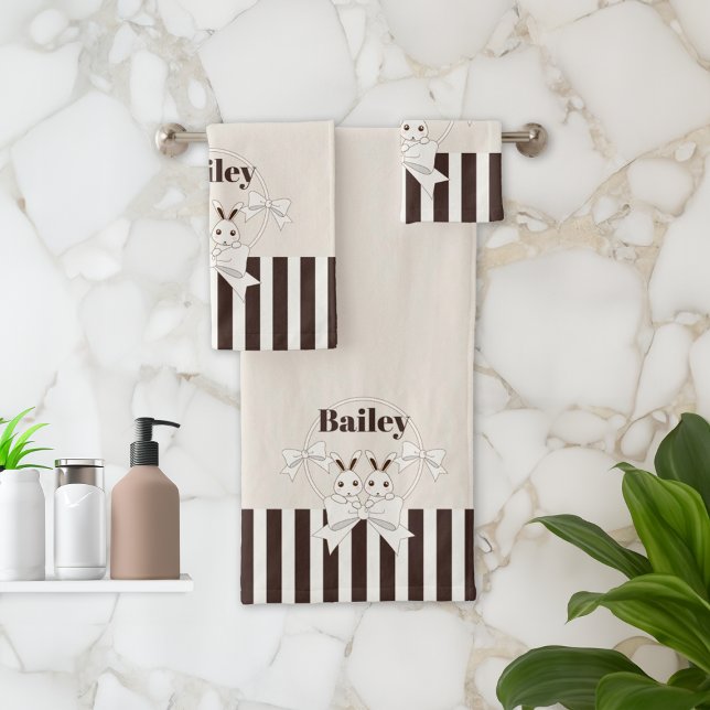 Personalized Classic Modern Cute Twin Bunny Kids Bath Towel Set (Creator Uploaded)