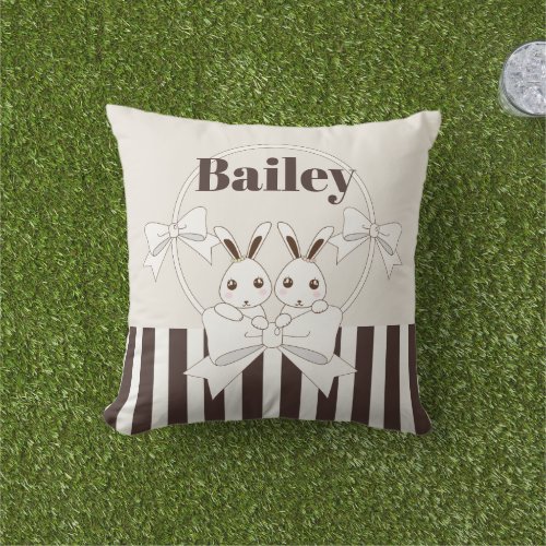 Personalized Classic Modern Stripe Cute Bunny Outdoor Pillow