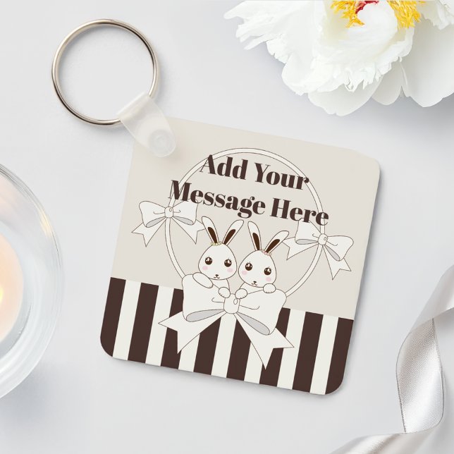 Personalized Classic Modern Stripe Cute Twin Bunny Keychain (Creator Uploaded)