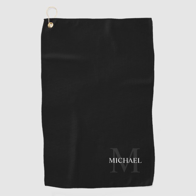 Personalized Classic Monogram and Name Black Golf Towel (Front)