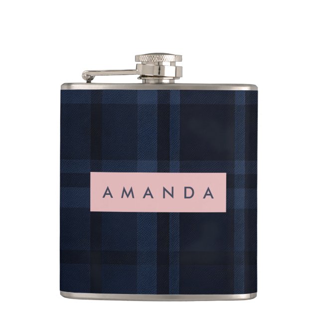 Personalized Classic Navy Blue Plaid Pattern Flask (Front)