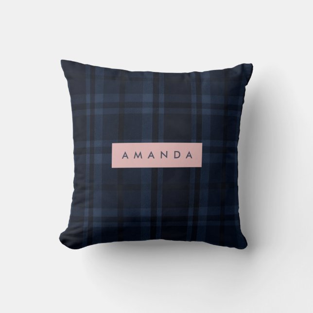 Personalized Classic Navy Blue Plaid Pattern Throw Pillow (Front)
