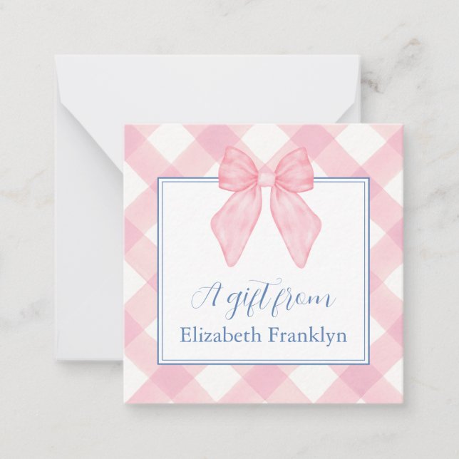 Personalized Classic Pink Gingham Girls Gift Note Card (Front)