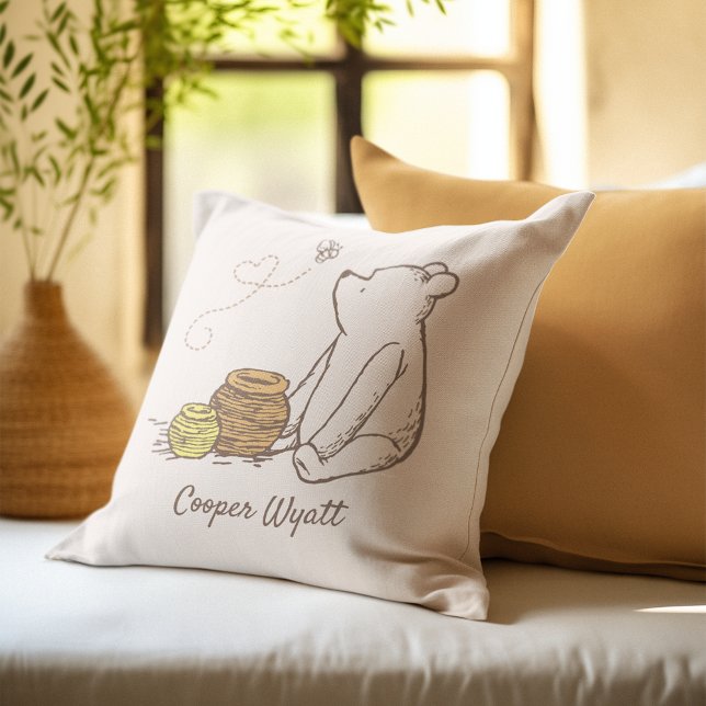 Personalized Classic Pooh and Honey Pots  Throw Pillow (Pillow on bed)