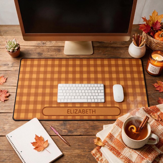 Personalized Classic Pumpkin Fall Gingham Plaid Desk Mat (Creator Uploaded)