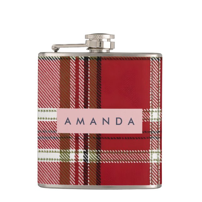 Personalized Classic Red and Olive Plaid  Flask (Front)