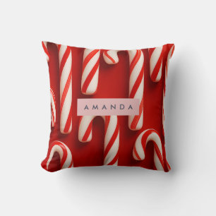 Personalized Classic Red and White Candy Cane Throw Pillow